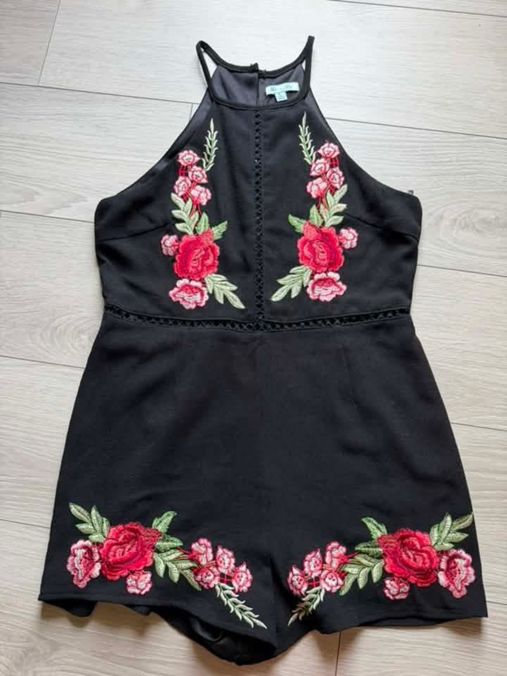 She + Sky Black Mini Dress with Red Floral Embroidery